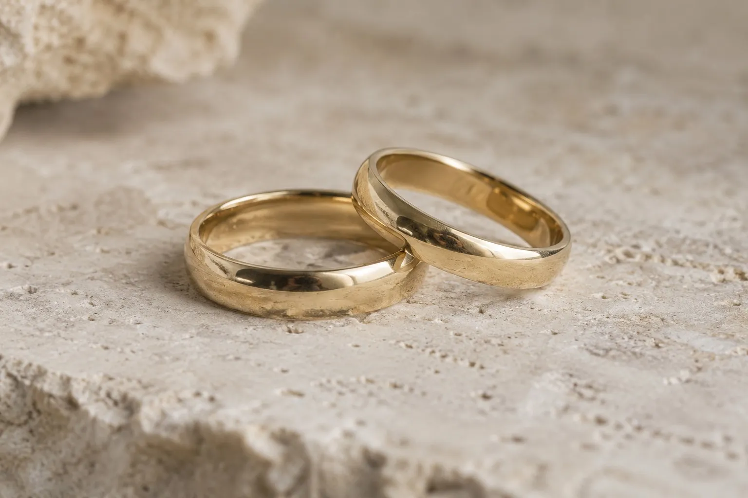 Dos alianzas de oro amarillo sobre piedra clara