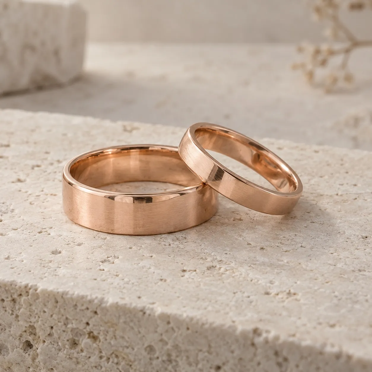 Dos alianzas de oro rosa de distinto ancho, forma regular y bordes suavizados
