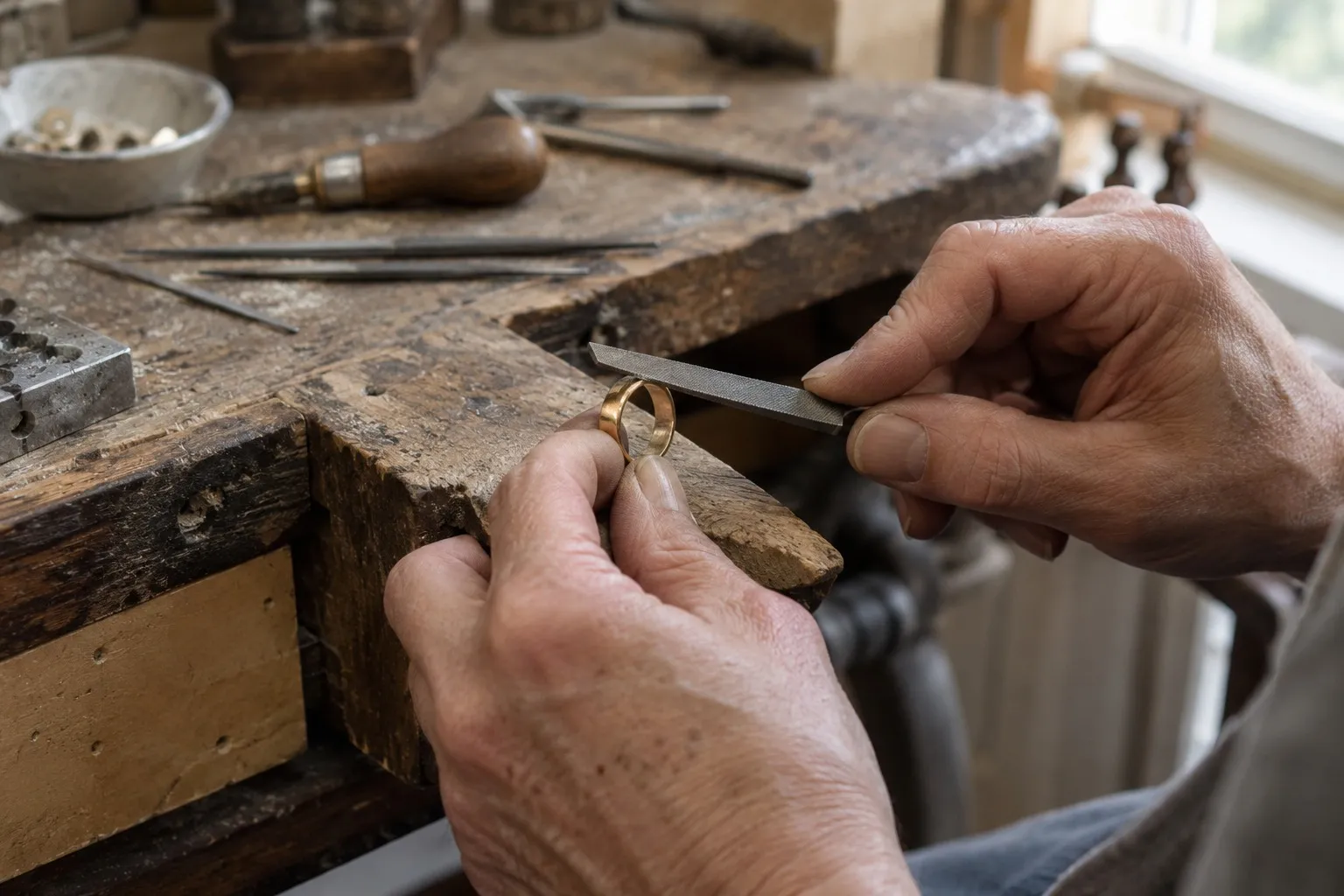 Manos de un joyero trabajando una alianza en un banco de madera