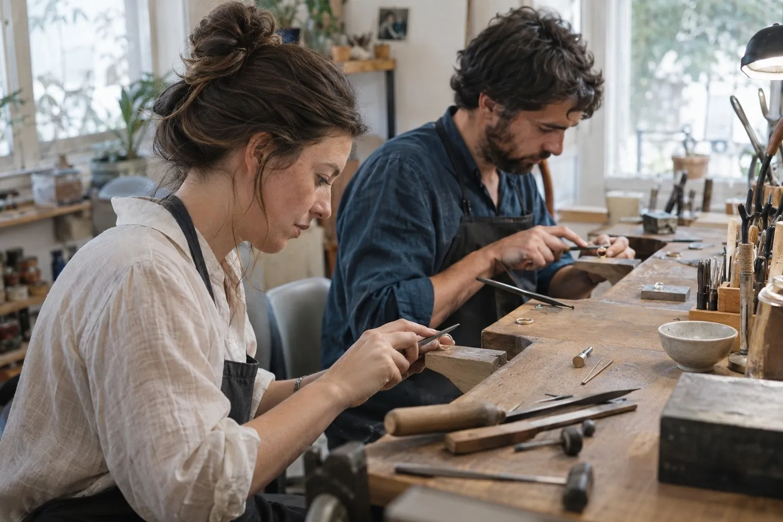 Pareja trabajando unas alianzas en una mesa de joyería